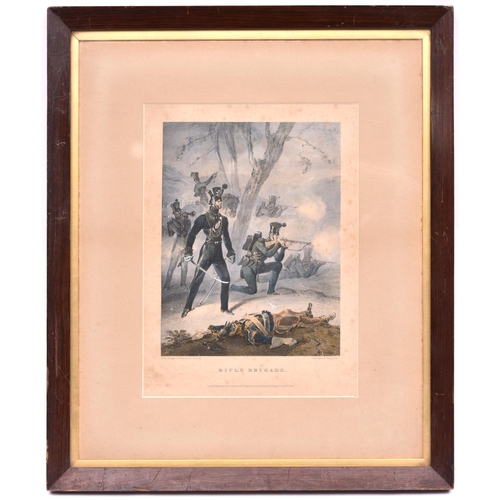 13 - An Ackermann print “Rifle Brigade”, d 1841 mounted and framed by Ackermann & Son with their label on... 