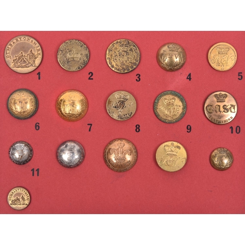 200 - 16 pre 1810 Scottish Volunteer gilt buttons:  flat Dumbartonshire Vol Art large, do. very small, 