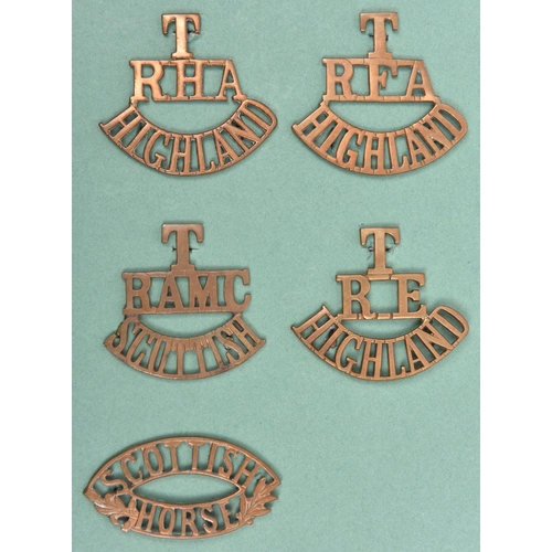 202 - 5 Scottish brass shoulder titles:  T/RHA/Highland, T/RFA/Highland and T/RAMC/Scottish all with backi... 