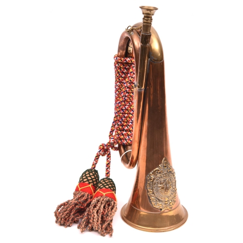 220 - A brass mounted copper bugle, red, white and blue cord binding and tassels, applied WM A&S Highlande... 