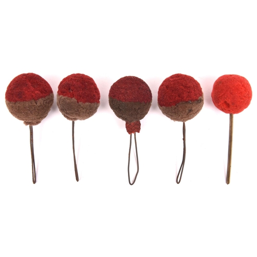 227 - 5 woollen ball plumes for 19th century shakos, comprising 4 dark red over grey and one small scarlet... 