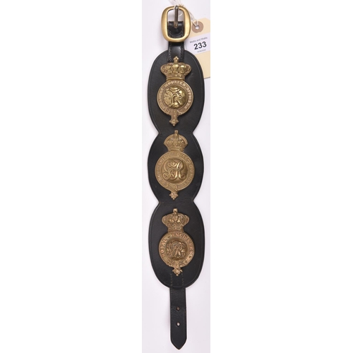 233 - A leather strap mounted with 3 martingale brass badges, Vic infantry mounted officer's, post 1902 un... 