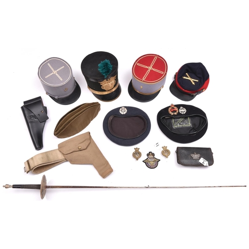 234 - A quantity of re-enactment and other military equipment; US Military Academy shako, US Civil War kep... 