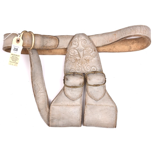 238 - A padded light grey polished leather baldrick, or shoulder harness, for a sword, with stitched scrol... 