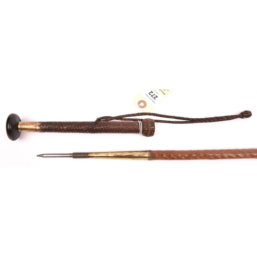 272 - A traditional Basque walking cane Makhila with concealed spike,  flattened dark wood disc pommel, in... 