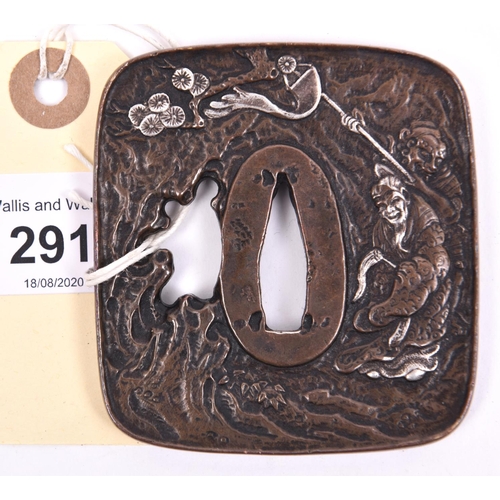 291 - A Japanese rectangular bronze tsuba, embossed with a figure carrying a banner, gnarled trees and flo... 