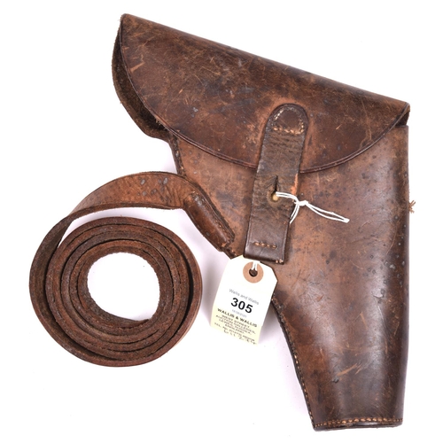 305 - A scarce WWII flap top leather holster for a flare pistol,  with leather belt loop stamped “E Jeffri... 