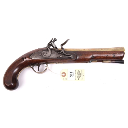 319 - A late 18th century brass barrelled flintlock blunderbuss pistol,  13½” overall, swamped barrel 8” w... 