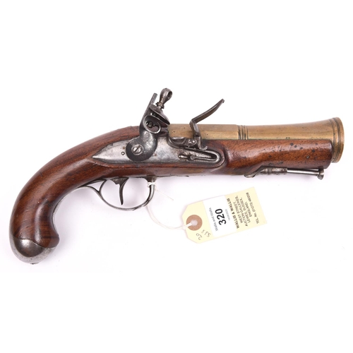 320 - An early 19th century French brass barrelled flintlock blunderbuss pistol,  11” overall, 2 stage bel... 