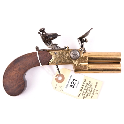 321 - A 90 bore brass framed and brass double barrelled over and under tap action flintlock boxlock pocket... 