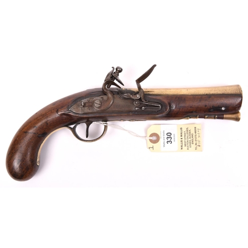 330 - A late 18th century brass barrelled flintlock blunderbuss pistol,  12” overall, swamped barrel 6” wi... 