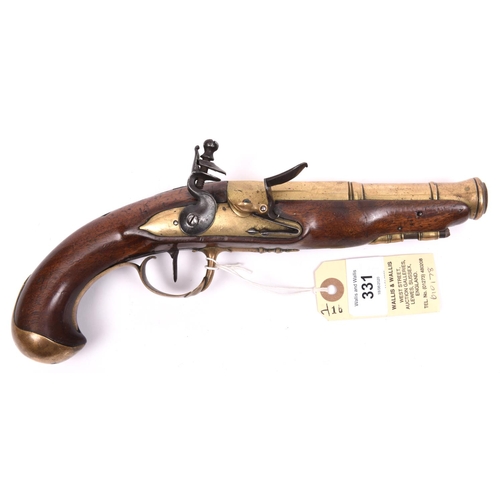 331 - A late 18th century French brass cannon barrelled flintlock travelling pistol,  11” overall, 2 stage... 