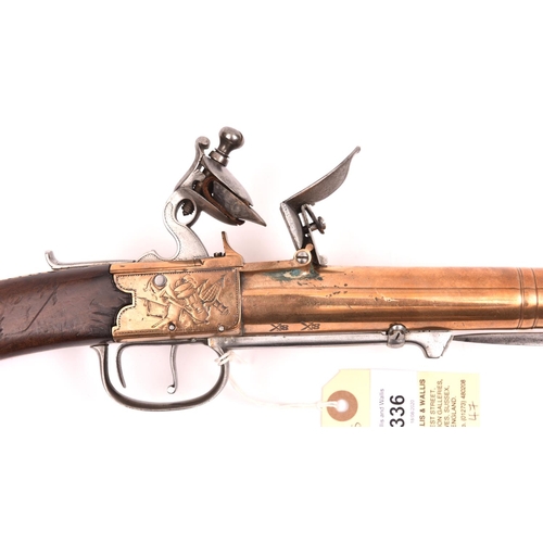 336 - A rare bronze barrelled and bronze framed flintlock boxlock blunderbuss with spring bayonet, by J & ... 