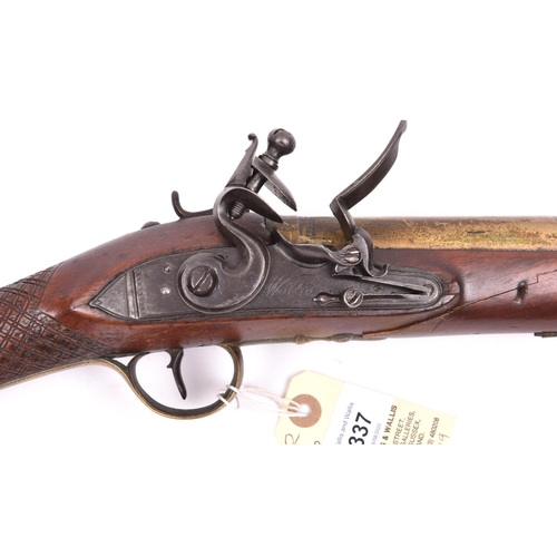 337 - A brass barrelled flintlock blunderbuss with spring bayonet by Wallis (of Hull?), c 1785,  29½” over... 