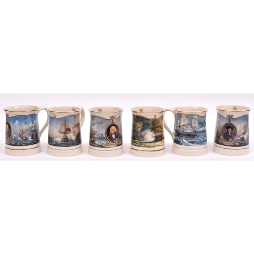 45 - A set of 6 Nelson commemorative tankards, made by Wedgwood, issued by Danbury Mint: Cape St Vincent,... 