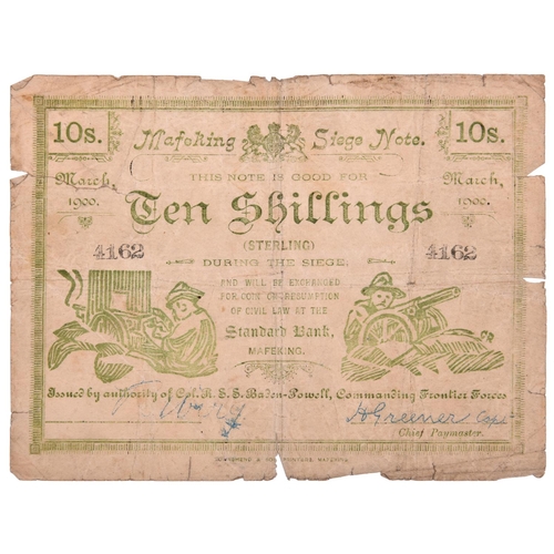 51 - A Mafeking Ten Shilling Siege note,  issued by Col Baden Powell, some wear. £30-40