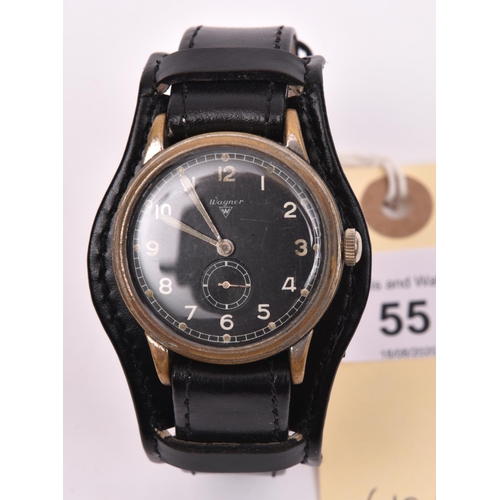 55 - Wagner wristwatch. Serial 671348. Plated case, brushed finish, considerable wear to plating, 35mm wi... 