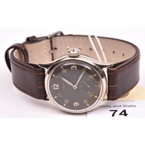 74 - DH marked Zenith wristwatch. Serial D8398980H. Bright chrome plated case (refinished) 33mm not inclu... 