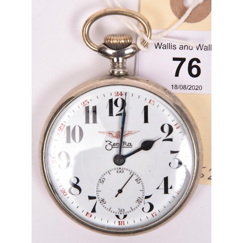 76 - Zentra pocketwatch. Plated case, hinged back, 57mm diameter. Dial has 24-hour markings in addition t... 