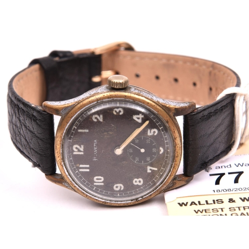 77 - DH marked Helvetia wristwatch. Serial D6594H. Plated case with brushed finish, heavy wear to plating... 