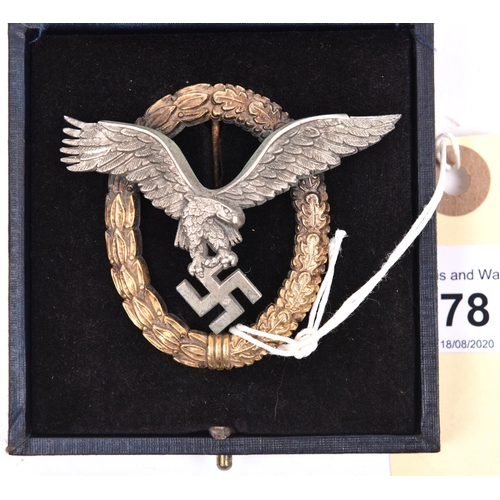 78 - A Third Reich Luftwaffe Pilot/Observers badge, of heavy construction, with gilt wreath, the back sta... 