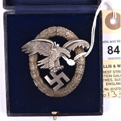 84 - A Third Reich Luftwaffe Observers badge, of heavy construction, the back stamped “JMME&SOHN BERLIN”.... 