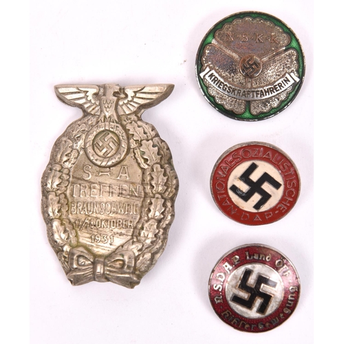 94 - A Third Reich 1931 SA Brunswick Rally pressed tin pin – back badge; an NSKK Kriegskraftfahrerin pin-... 