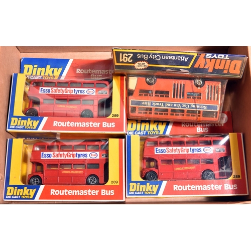 385 - 4x Dinky Toys buses. 3x Routemaster Bus (289), Esso Safety Grip Tyres. A Leyland Atlantean City Bus ... 