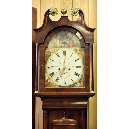 71 - A mid-nineteenth century longcase clock. With a mahogany case, painted face and 2-train movement str... 