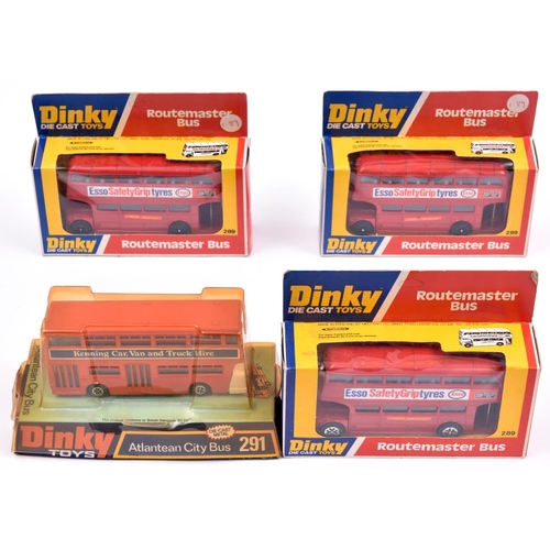 385 - 4x Dinky Toys buses. 3x Routemaster Bus (289), Esso Safety Grip Tyres. A Leyland Atlantean City Bus ... 