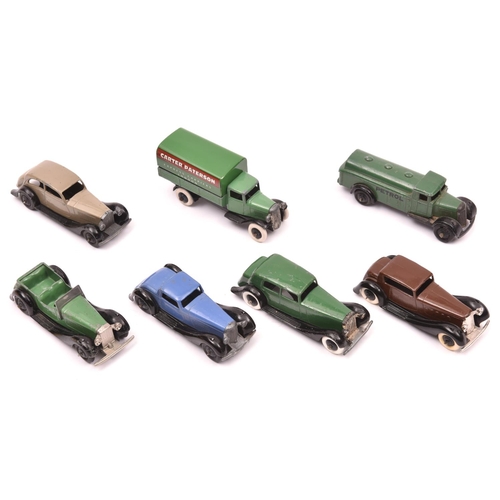 368 - 7 Dinky Toys. Daimler 30c in dark green with black smooth wheels. Rolls Royce 30b in fawn. British S... 