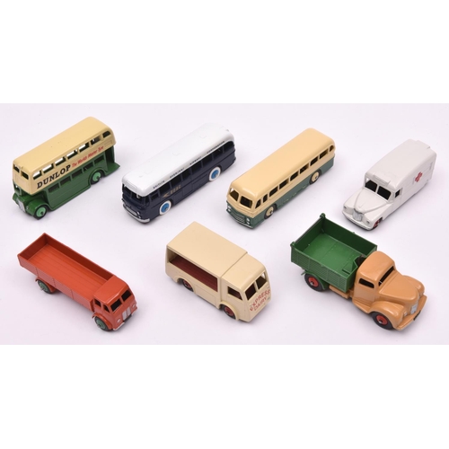 371 - 7 well restored Commercial and PSV's Dinky Toys. Daimler Ambulance in white, with red wheels/crosses... 