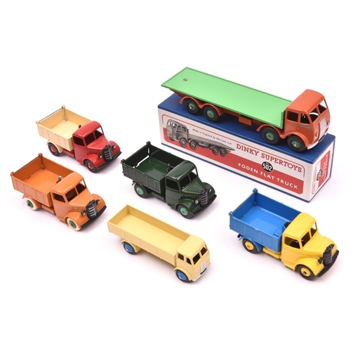 372 - 7 well restored Commercial Dinky Toys. Foden DG Flat Truck  orange cab and chassis with green flatbe... 