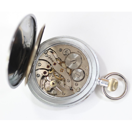 28 - Optima Kriegsmarine pocketwatch. Plated case with hinged back, slight wear, 51mm diameter. Signed Op... 