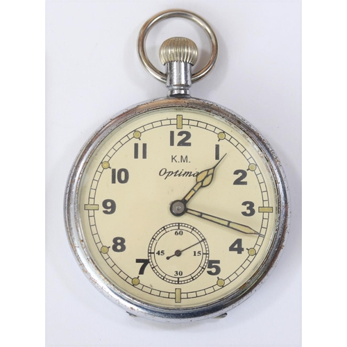 28 - Optima Kriegsmarine pocketwatch. Plated case with hinged back, slight wear, 51mm diameter. Signed Op... 