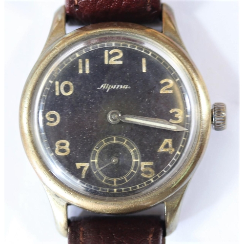 30 - D marked Alpina wristwatch. Serial D92791. All plating removed from case, brass finish, 32mm without... 