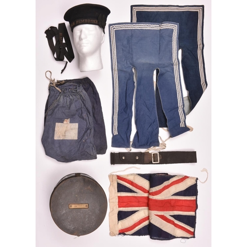 133 - An RN rating’s blue hat of HMS Pembroke, (small tear to tally); 2 plain HMS tallies, a blue webbing ... 