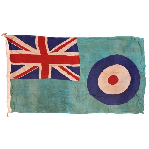 134 - An RAF flag, 56” x 33”, printed on thin linen, with Union flag in one corner and RAF roundel, on app... 