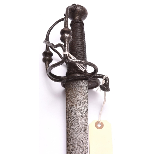 158 - A late 17th century European broadsword, plain DE blade 33½”, iron hilt with bulbous swellings to ba... 