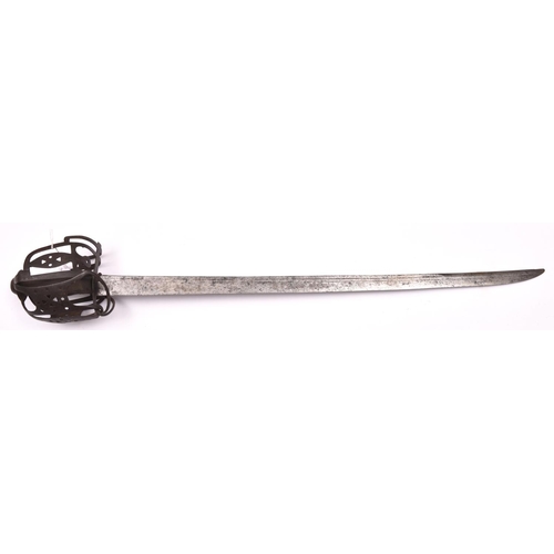 159 - A very simple Scottish basket hilted backsword, the 29” 18th century blade of thin wedge section wit... 