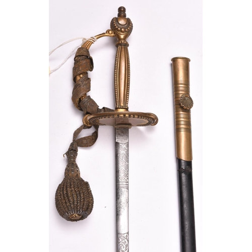 175 - A Victorian Court sword, slender blade 31½” etched with crowned “VR”, scrolls, crossed flags, and ma... 