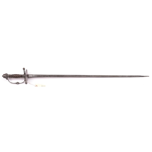 180 - A 17th century dish hilted rapier, c 1640, the 32” blade of concave diamond section, the iron hilt h... 