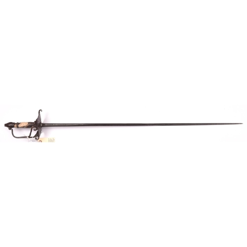 181 - A mid 17th century rapier, 34” blade of slender diamond section with deep fullers bearing illegible ... 