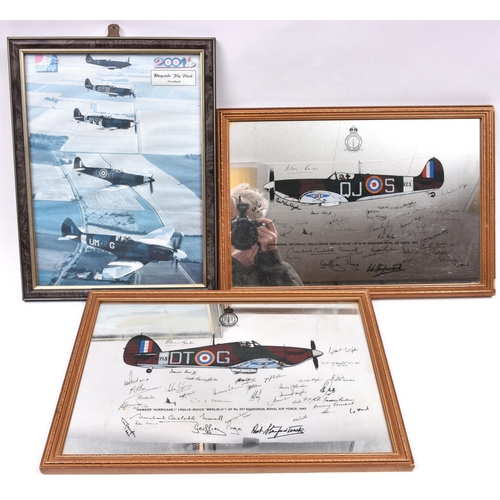 3 - 2 mirror prints of a Spitfire and Hurricane, with facsimile signatures of WWII pilots, 19” x 13”, in... 