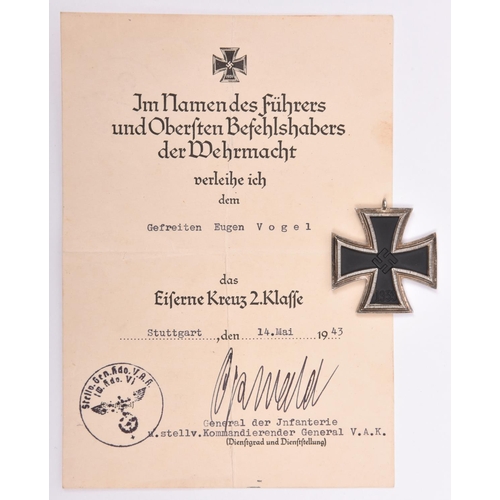 53 - A 1939 Iron Cross 2nd Class, VGC apart from the suspension ring missing, together with award certifi... 