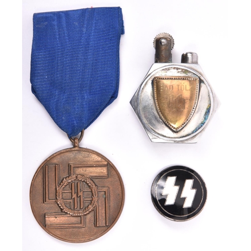 66 - Third Reich SS items: small enamelled pin back badge, the back marked “GES. GESCH” and RZM mark; SS ... 