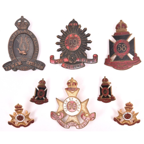 99 - 4 pre WWII Australian Infantry cap badges: bronze 22nd, and enamelled 58th (Essendon-Coburg-Brunswic... 