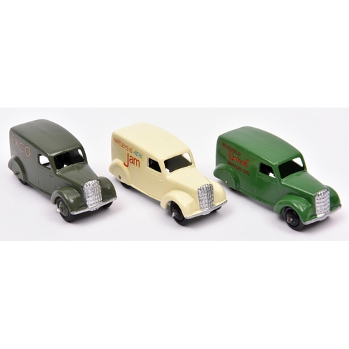 372 - 3 professionally restored Dinky Toys Delivery Vans. 3x 280 2nd series. An example in dark green Cast... 