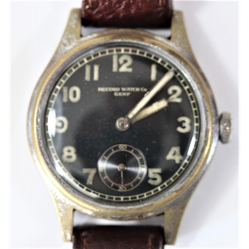 80 - D marked Record Watch Co wristwatch. Serial D492688. Plated case, brushed finish, heavy wear to plat... 