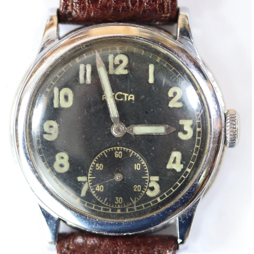 77 - Recta wristwatch. Serial 566310. Bright plated case, possibly refinished, 33mm without crown. Fixed ... 